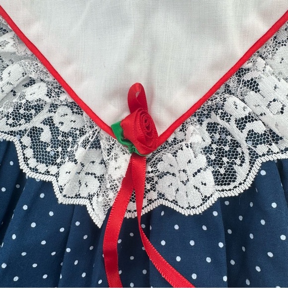 Vintage Hugs & Kisses Navy Blue Polka Dot Lace Rose Flowy Girls Formal Dress 3T - Picture 8 of 12